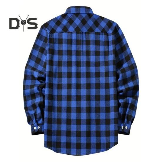 Fall Winter Men Shirt Coat Plaid Print Long Sleeves Chest Pocket Turn-down Collar Single-breasted Loose Contrast Color Jacket