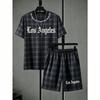 Men's Set Letter Striped Grid Printed Men's T-shirt and Shorts 2 Piece Set Summer Casual Outdoor Men's and Women's T-shirt Sets