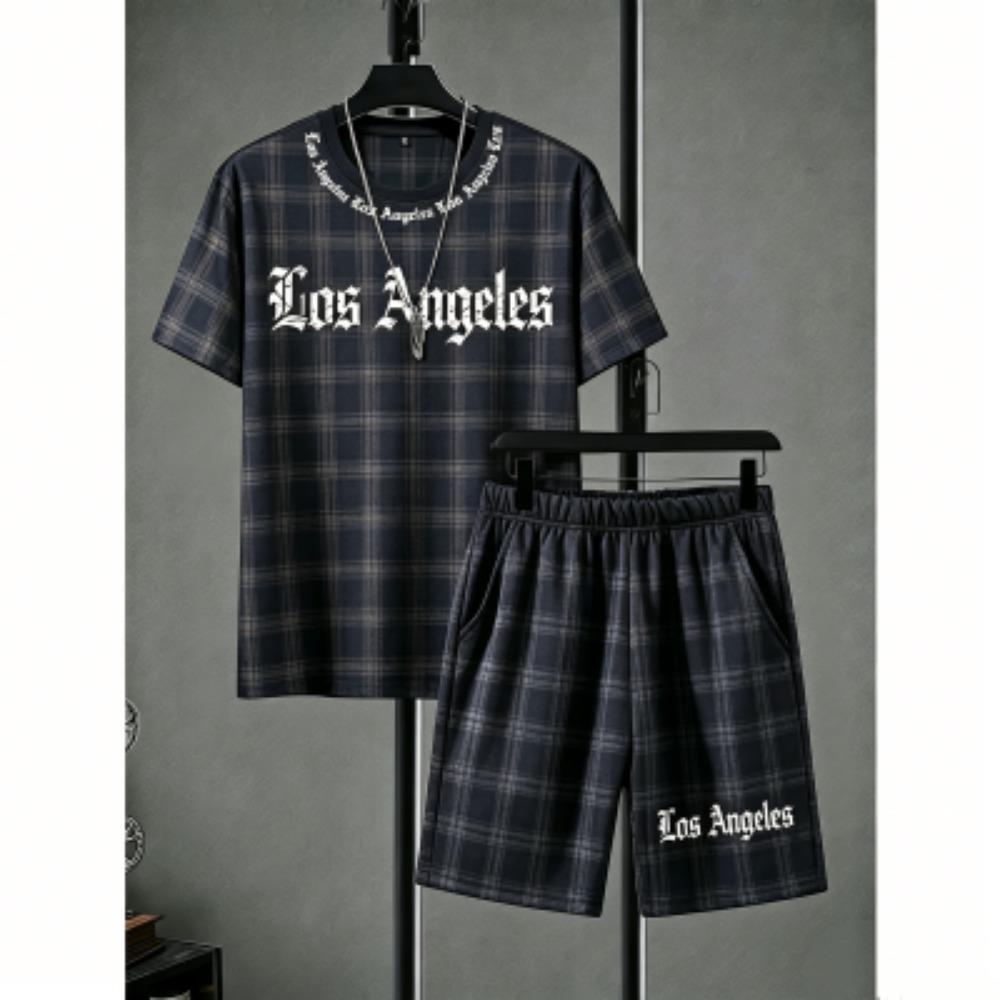 Men s Set Letter Striped Grid Printed Men s T-shirt and Shorts 2 Piece Set Summer Casual Outdoor Men s and Women s T-shirt Sets XXS