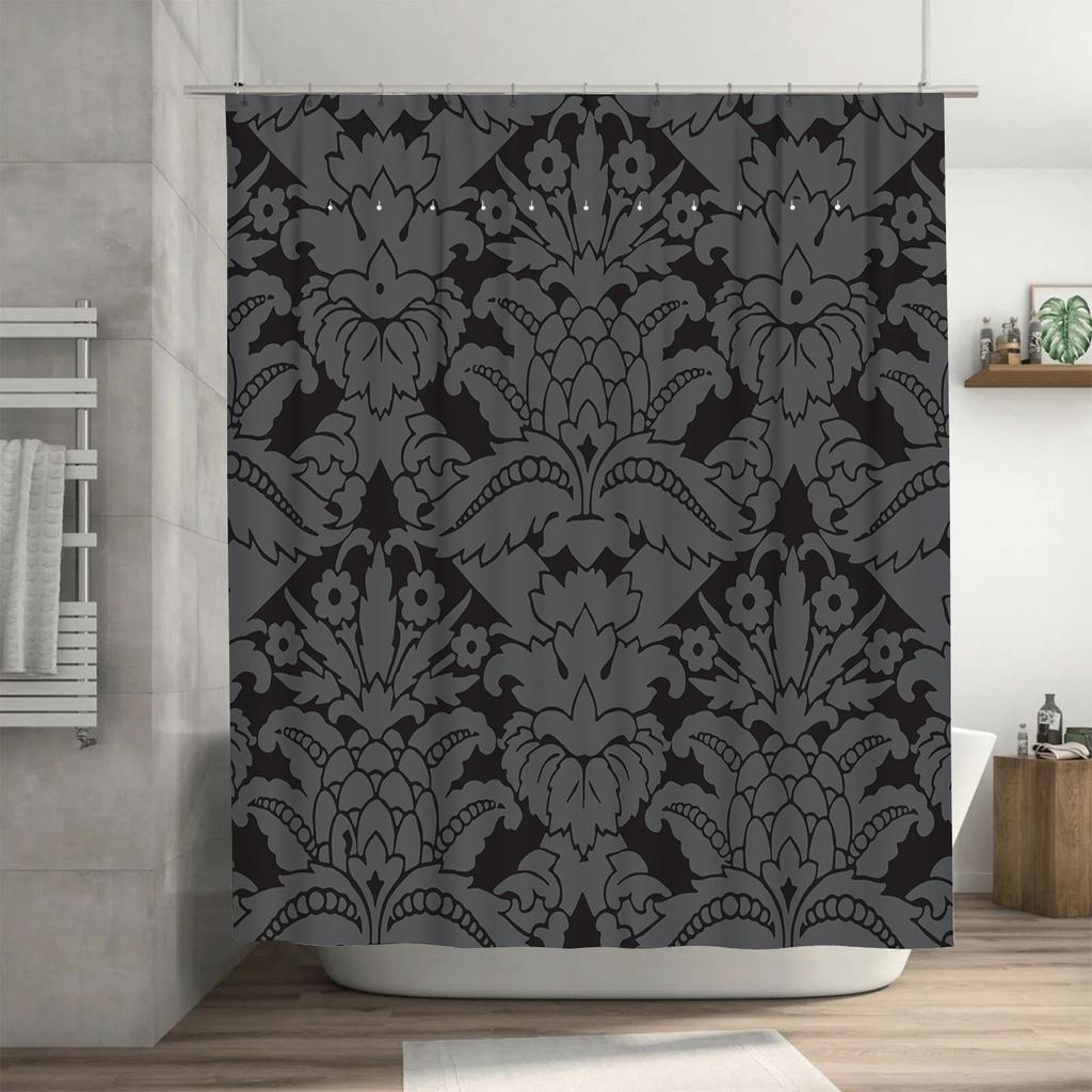 Luxurious Damask Shower CurtainElegant Black Grey Floral Print Bathroom Decor Waterproof Fabric for Home Bathrooms in Various Si