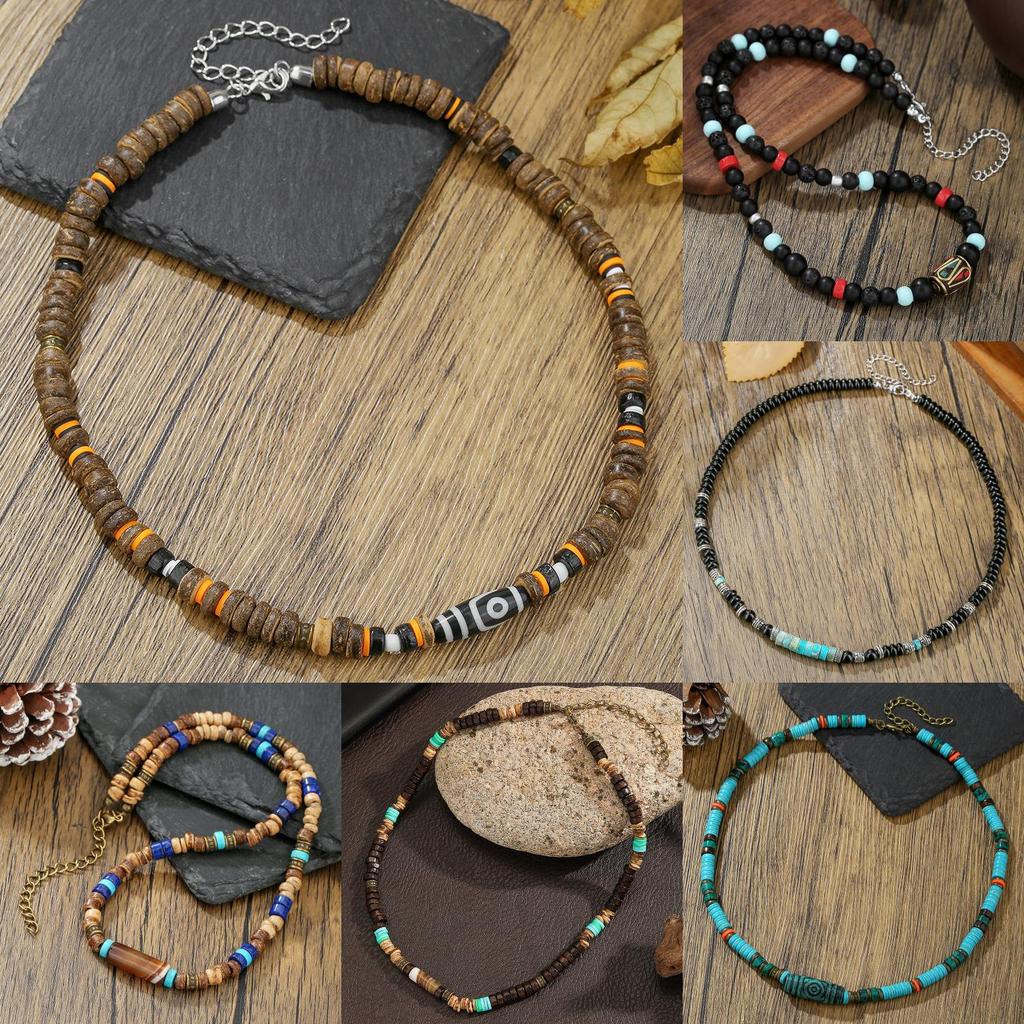 Geometrische Herrenkette Mit Kokosnussschalen-Anhänger Handgefertigte Stahlkette Für Lässigen Stil