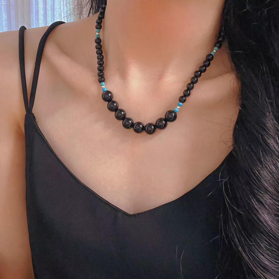 Retro Autumn And Winter New Natural Size Mixed Black Agate Necklace Women S Atmosphere Clavicle Chain