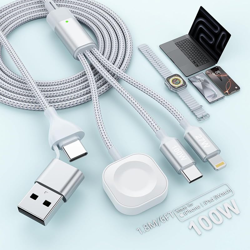 

[New in 2025] Charging cable 3in1 charging cord 100W PD compatible 5A fast charging Lighting+Watch+USB C Can power 3 units simultaneously iPhone 16 15