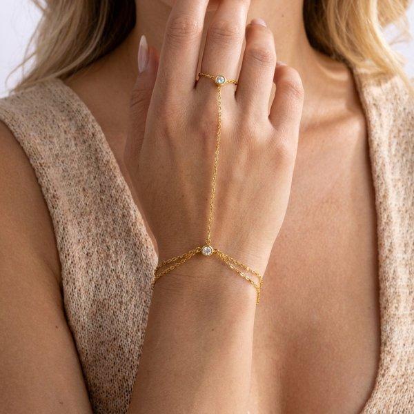 Vintage Gold Color Connected Finger Ring Bracelets for Women Shiny Crystal Zircon Evil Eye Link Chain Bracelets Party Jewelry