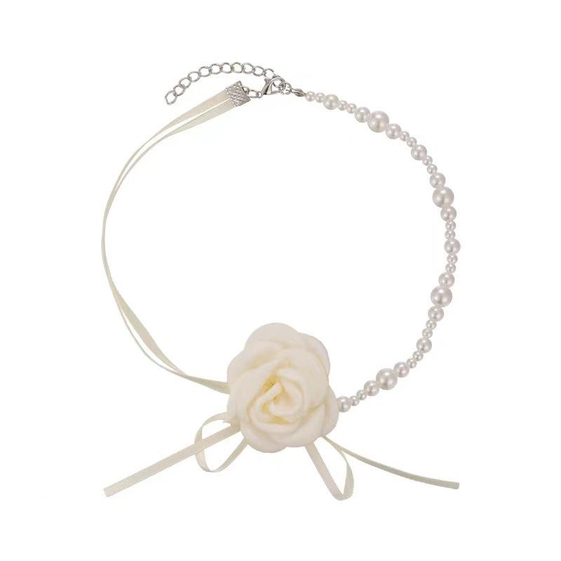 Camellia Flower Pearl Collar Necklace Women's Neckband Pendant Lockbone Chain Binding Strap Necktie Flower Accessory