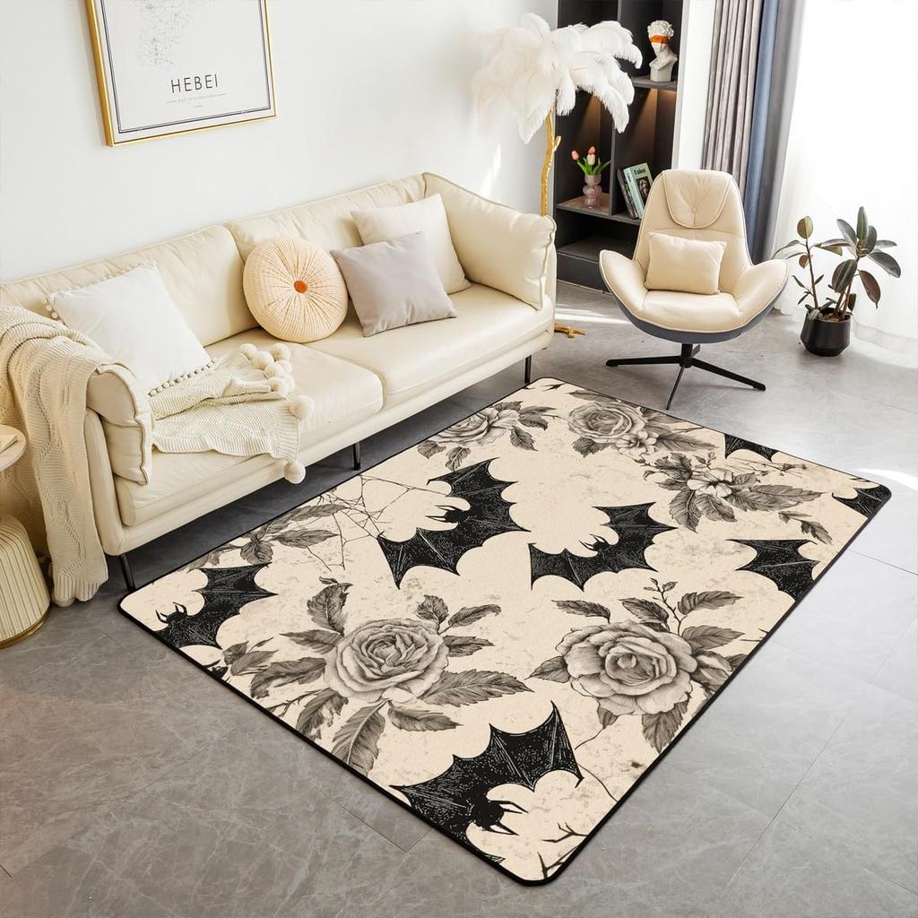 Erosebridal Moth Skull Moon Area Rug 4'11" X 3'3" Bohemian Stars Exotic Living Room Rugs Starry Sky Mysterious Decorative Carpet Black and W