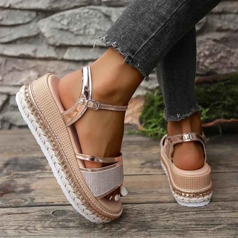 Pantofi de damă Sandale de damă cu curea cu cataramă Sandale casual de modă cu vârf decupat Sandale cu pană de vară pentru femei, mărime plus