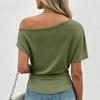 Women's Solid Color Asymmetric Neck Short Sleeve T-Shirt Top Casual Slim Fit Stretch Fabric Lightweight Summer Tee