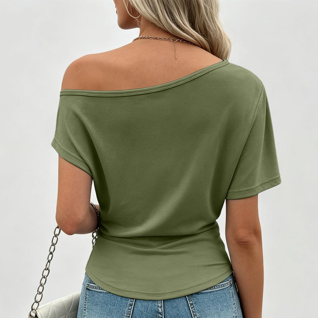 Women's Solid Color Asymmetric Neck Short Sleeve T-Shirt Top Casual Slim Fit Stretch Fabric Lightweight Summer Tee
