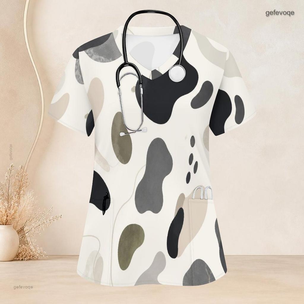 Women Plus Size Nurse Scrub Top V Neck Short Sleeve Abstract Printed With Front Pockets