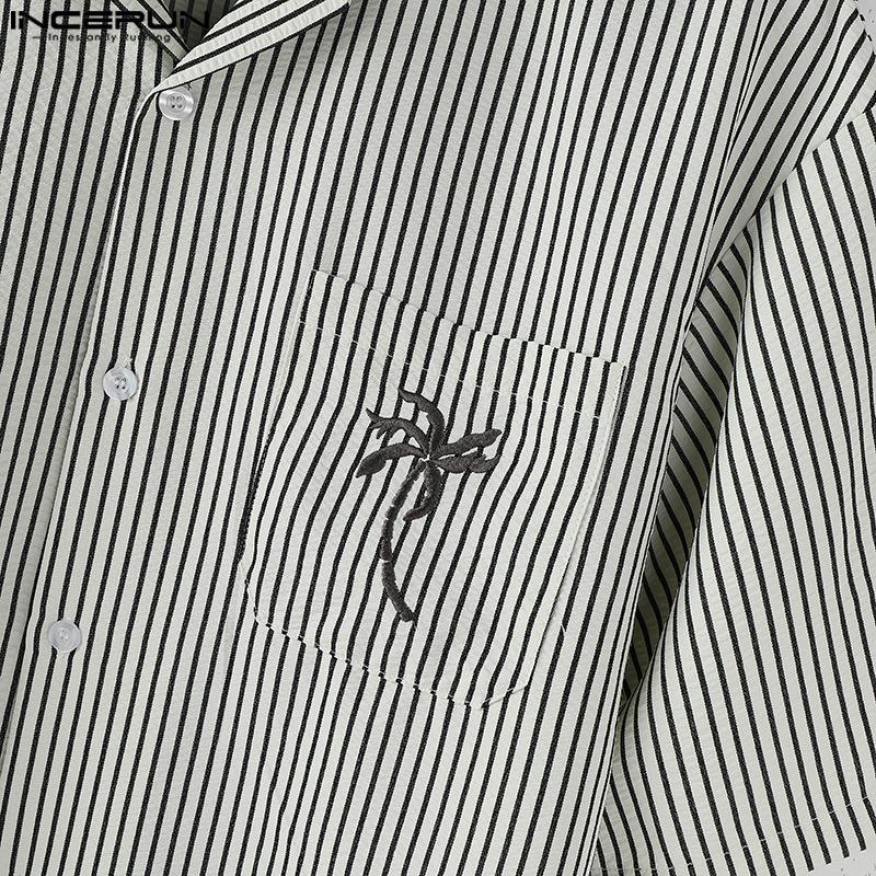 INCERUN Herren Reverskragen Kurzarm Gestreifter Druck Lässige Übergroße Hemden