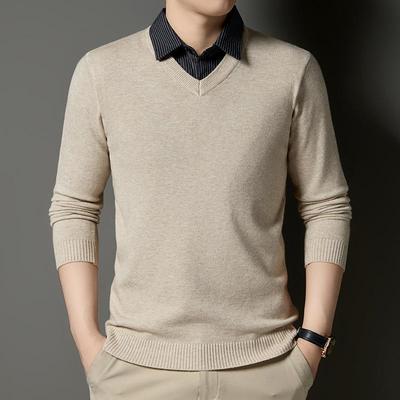 New Fall and Winter Fake Two-piece Shirt Collar Knitted Sweater for Men Stripes Fashionable Warm Skin-friendly Base Sweater