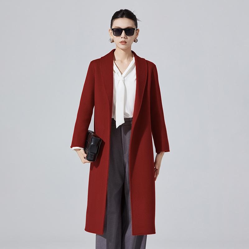 Women's Mid-Length Double-Sided Cashmere Coat - Slim Fit Korean Style Belted Trench, 100% Pure Wool for Autumn and Winter