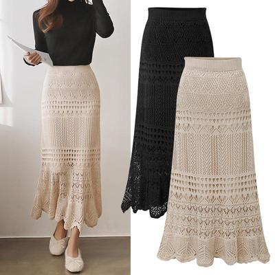 "Damen Midirock mit hoher Taille, Häkelstrick, Frühling/Herbst, Übergröße"