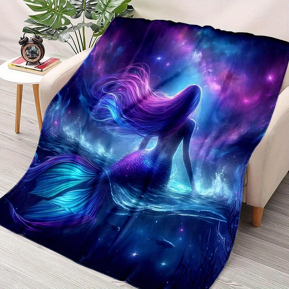 

Mermaid Silhouette Flannel Blanket – Vibrant Underwater Throw – Purple Hair Blue Eyes Design – Cozy for Couch Bed Office 130x150cm51x59in