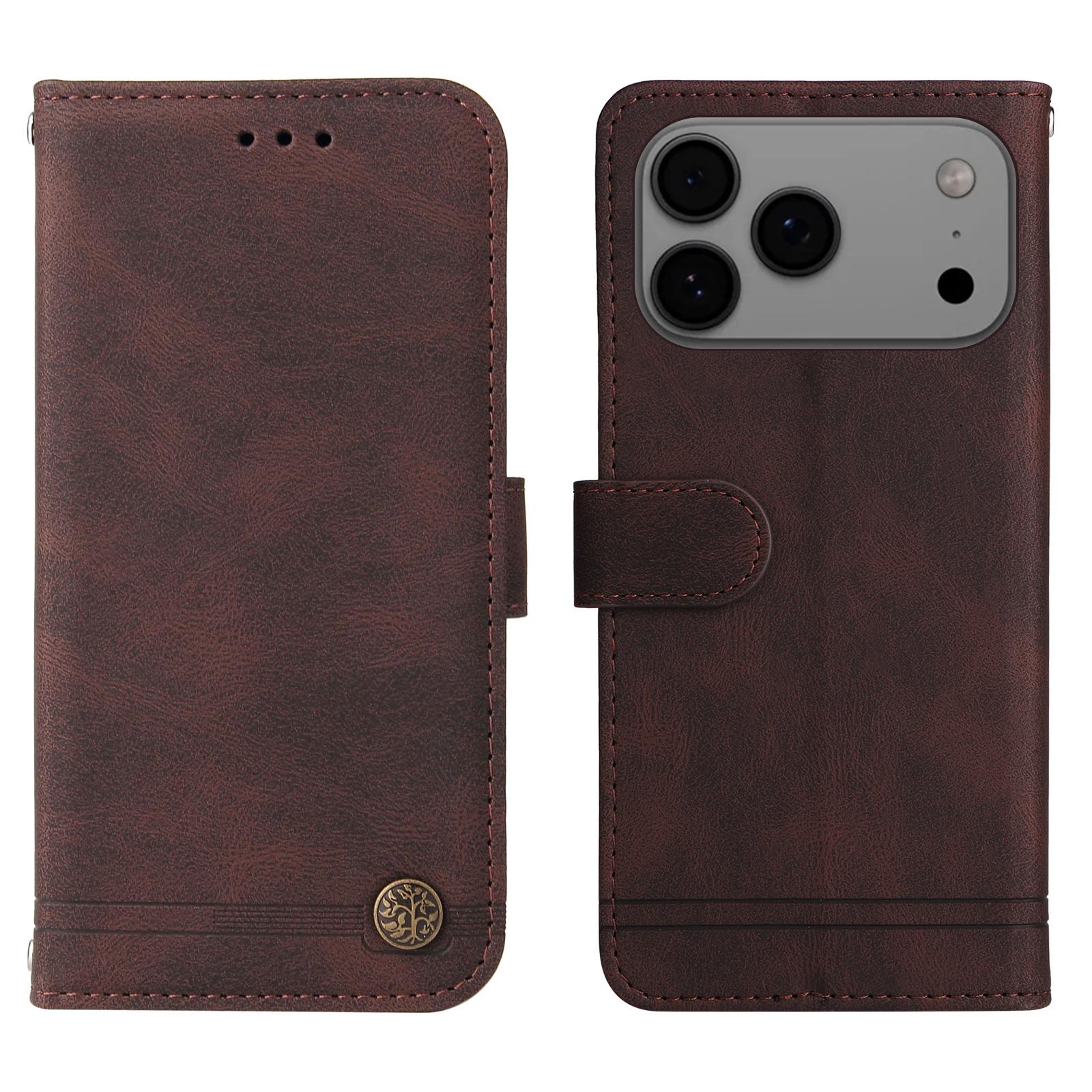

For iPhone 17 Pro Max Leather Wallet Cases Skin Touch Phone Cover Stand with Strap Brown