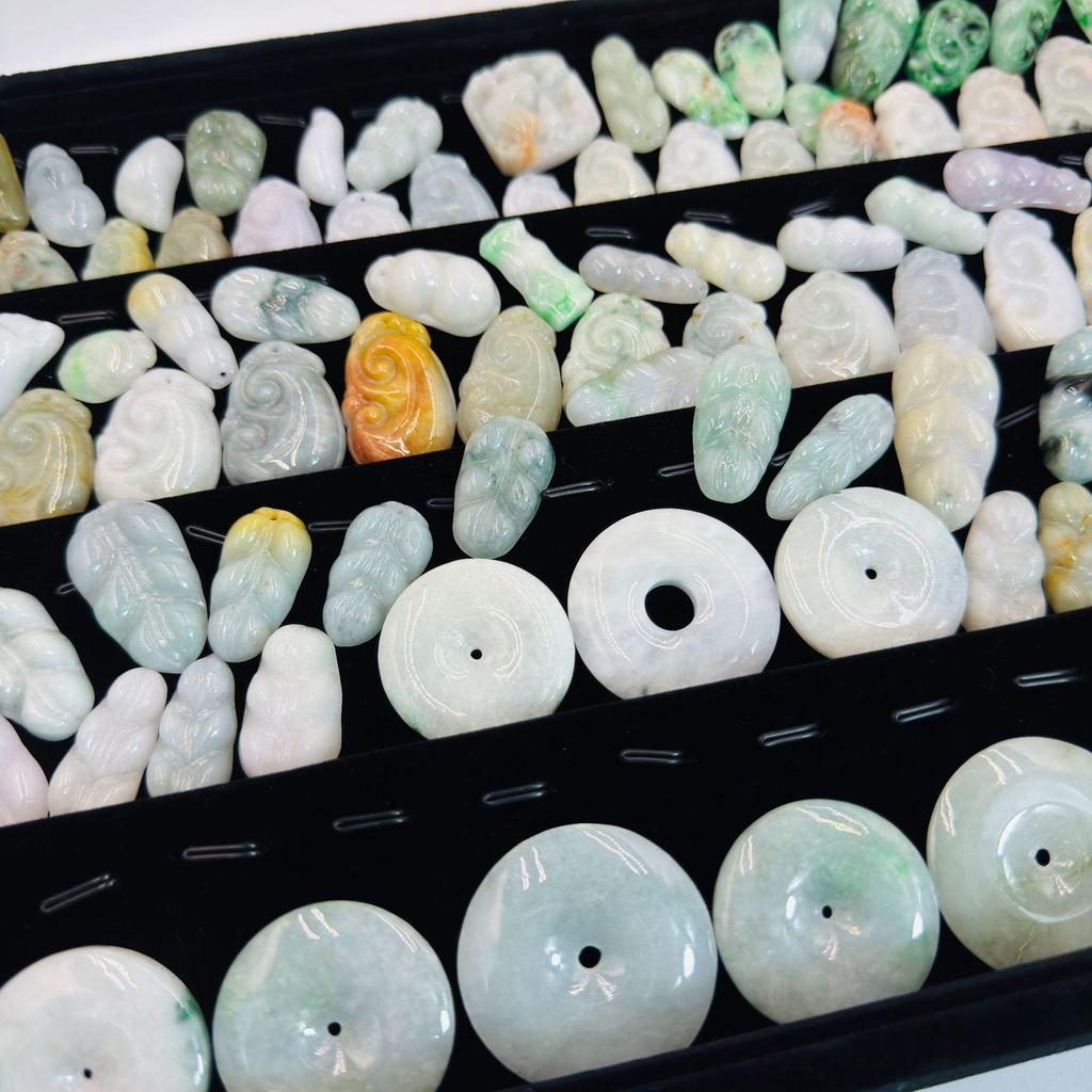 Three-Dimensional Green Jade Landscape Bracelet with Buddha and Guanyin Amulets