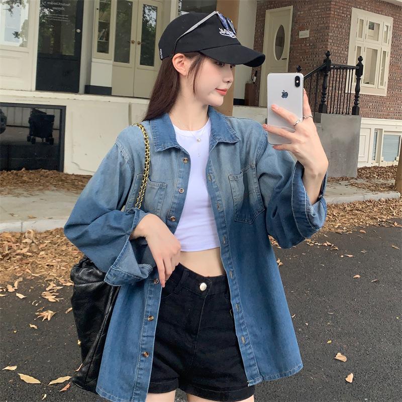 

Осенняя женская джинсовая рубашка большого размера, женская корейская повседневная универсальная джинсовая рубашка в стиле BF с градиентом, кардиган с длинными рукавами