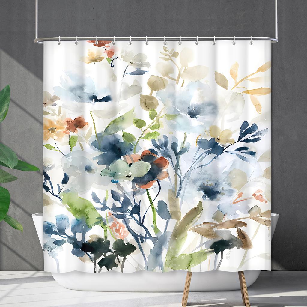 Green Plant Waterproof and Mildew-proof Polyester Bathroom Shower Curtain Shower Curtain Partition Curtain Free of Punching