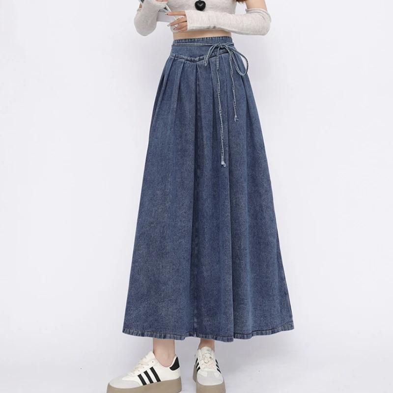 Lace Up Corset Midi Long Skirts Women Spring Summer Korea Style Vintage High Waist Jean Skirt A Line Ruffle Pleated Denim