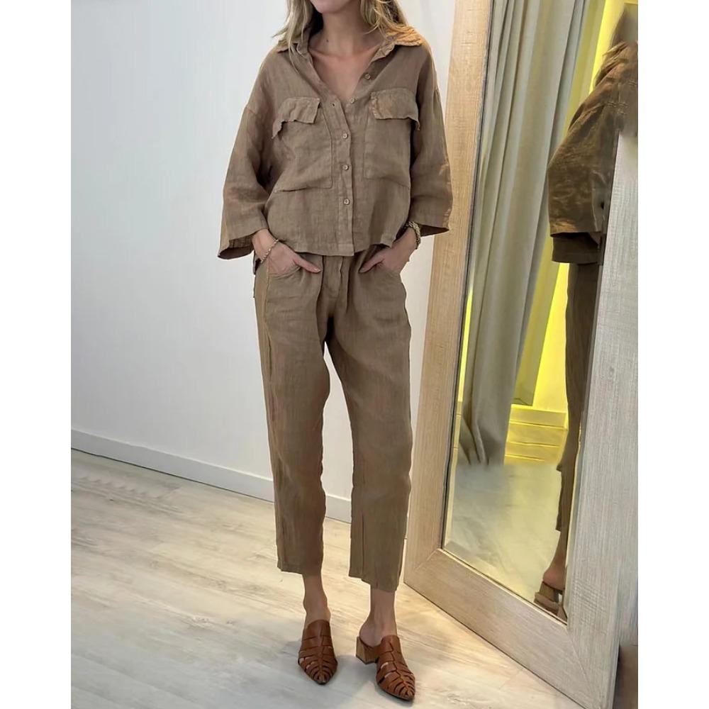 Summer New Women's Two-piece Shirt Set High-waisted Loose Nine-inch Pants