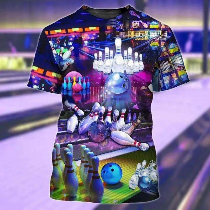 Men's Bowling Pattern T-shirt Harajuku Street Fashion Sports Loose  Round Neck Comfortable Short Sleeve Top
