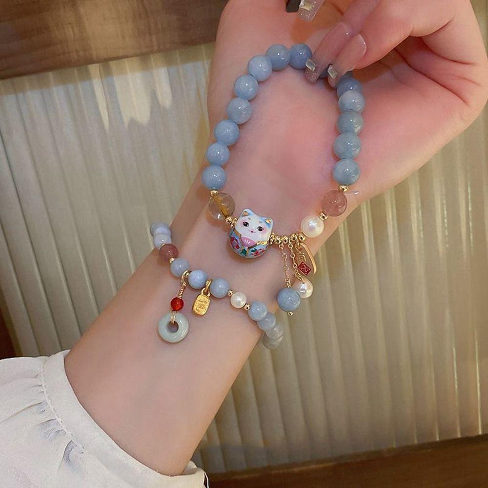BEPAN 2023 New Pearl Agate Lucky Cat Bracelet for Women  Chinese Style Jade Pendant Simple Wild Elastic Rope Crystal Beads Jewelry