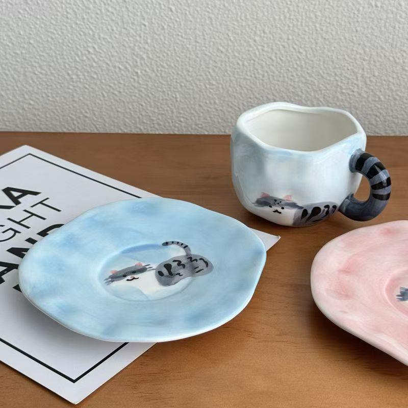 Creative Cute Cat Ceramic Coffee Mug with Saucer Set Unique Irregular Design Coffee Cup With Handle for Latte Tea Milk 300ml