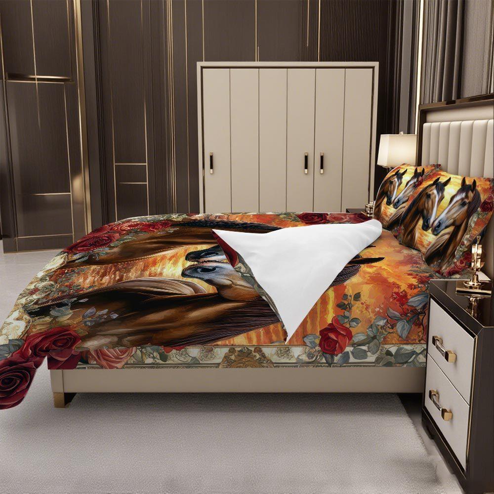 2/3Pcs Elegant Horse And Rose Duvet Cover Set - Vibrant Sunset Design With Two Galloping Horses Red Roses & Golden Accents