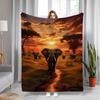 Sunset Elephant Pattern Flannel Blanket - Warm and Cozy - Perfect for Bed, Home, Camping, Sofa, Halloween and Christmas