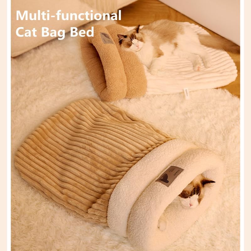 Cat Sleeping Bag Bed, Winter Soft Plush Sack Self Warming Cave Bed for Indoor Cats, Hideaways Pet Snuggle Sack for Kitten Puppy (Blue, L-21 x18)