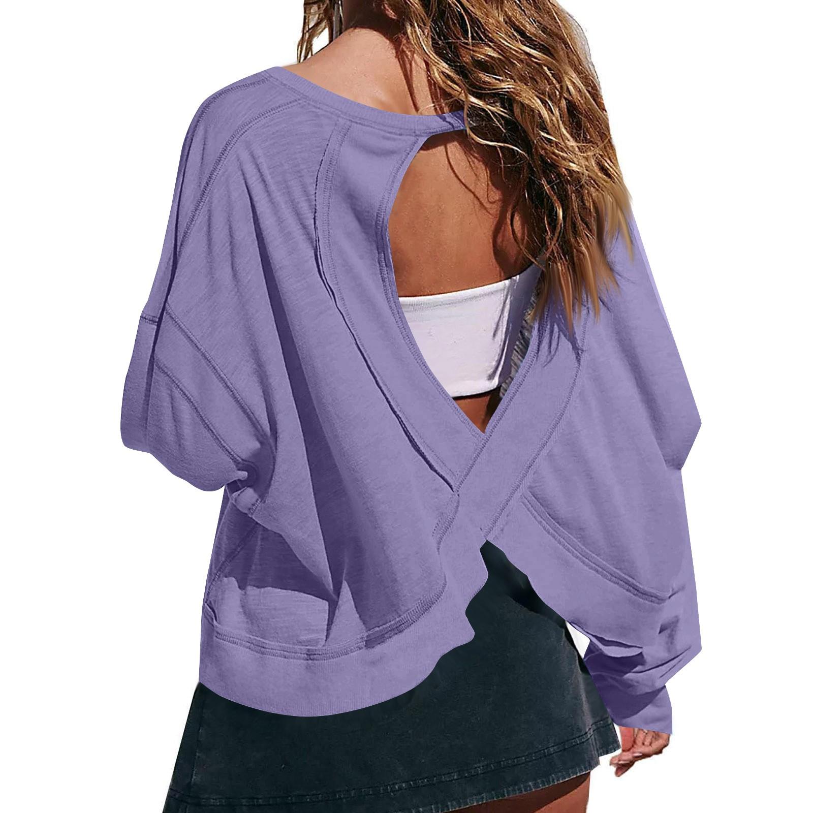 

Женская мода повседневная круглая горловина длинный рукав спинка однотонный топ XXL фиолетовый