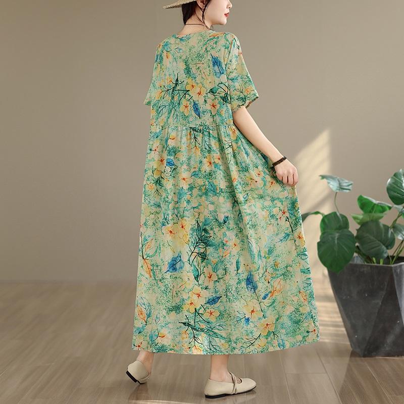 Kurzarm Plus Size Baumwolle Vintage Blumenmuster Neu in Kleidern für Damen lässig locker langes Sommerkleid