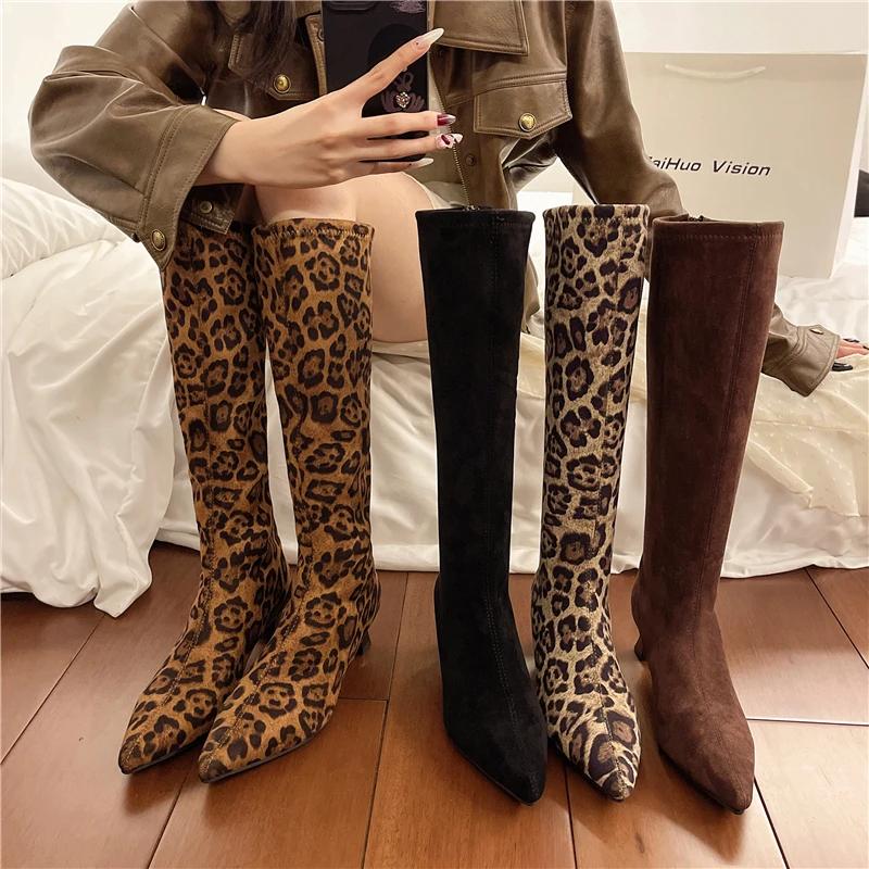 Winter Women Stretch Modern Boots Fashion Leopard Print Shoes Ladies Sexy High Heel Long Booties Botas