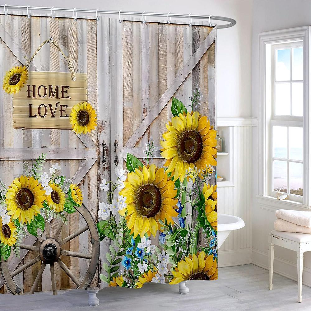 Rustic Sunflower Flower Butterfly Print Shower Curtain Vintage Floral Botanical Polyester Fabric Shower Curtains Bathroom Decor