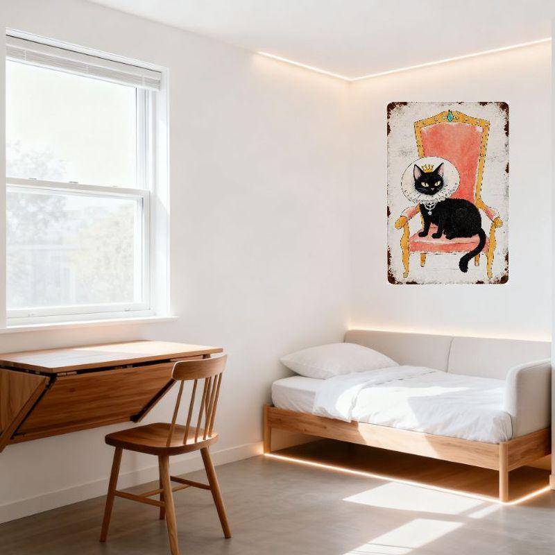 Regal Black Cat with Crown On Pink & Gold Ornate Armchair Vintage Metal Tin Sign for Home Decor, 8x12 Inch Retro Nostalgic Wall