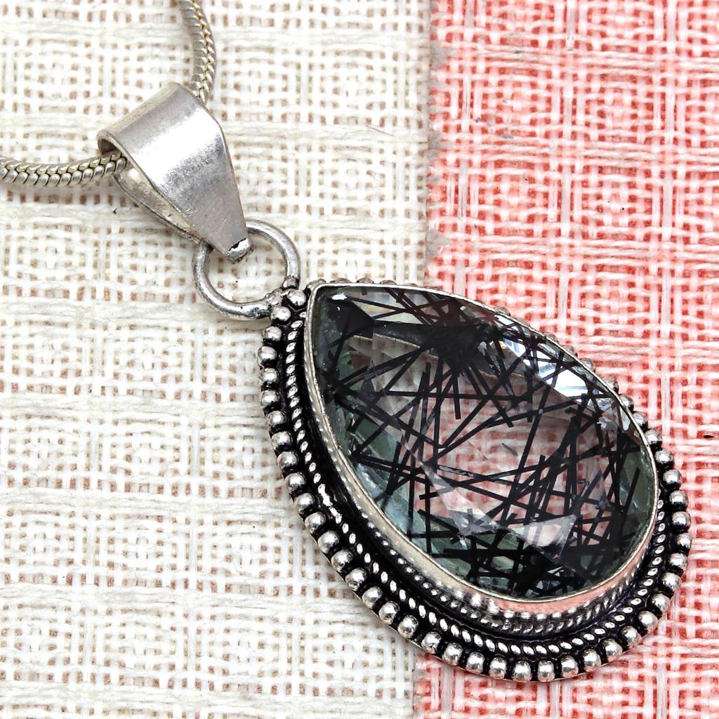 Black Rutile Set  Pendant  Jewelry Earring 18-20'' Gemstone Handmade