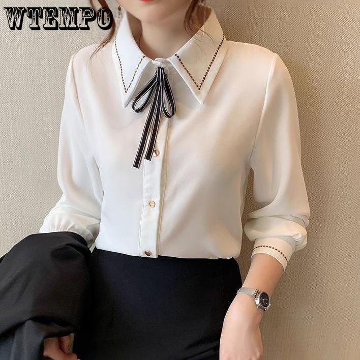 Women's Chiffon Shirt Top with Bow Tie and Lapel Collar Women's Shirt Long Sleeved Base Shirt