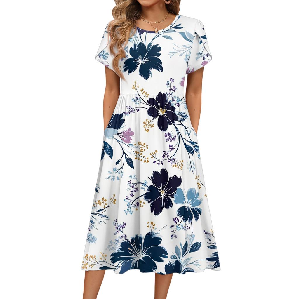 Damenmode Sommer Rundhals Kurzarm Blumendruck Strandkleider