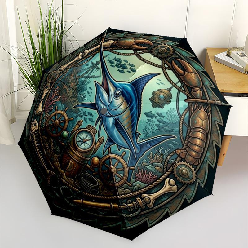 Underwater Adventure Emblem pattern umbrella, portable and foldable design, 8 ribs, a casual accessory for Halloween, Christmas, and birthday gifts.