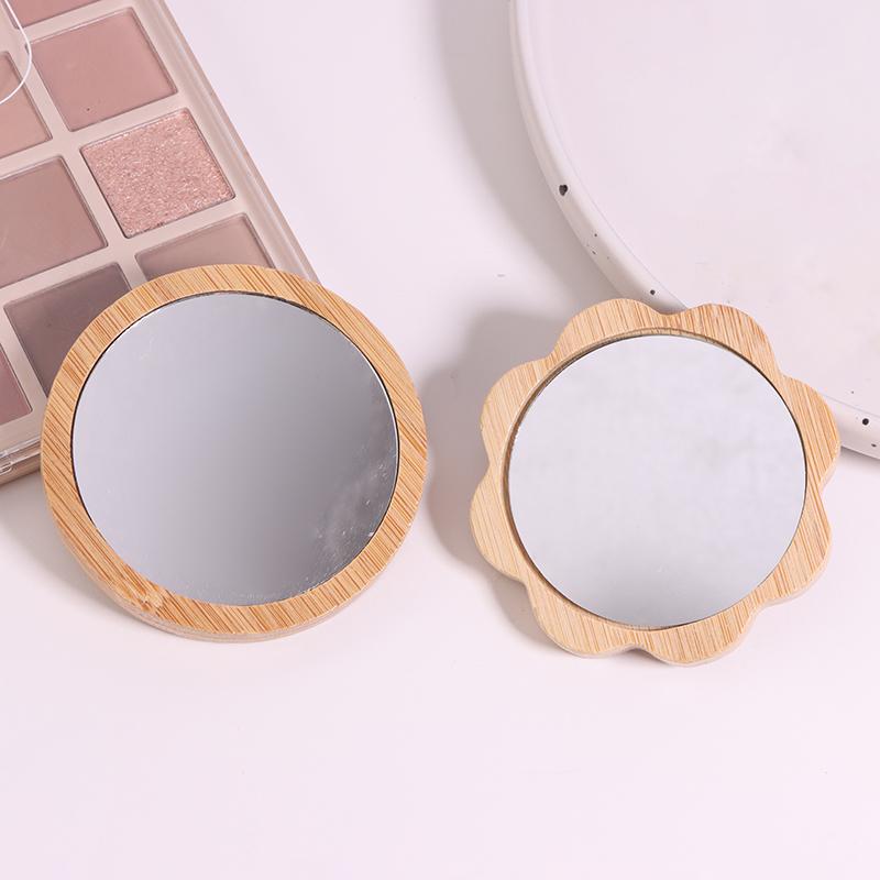 Compact Wooden Handheld Makeup Mirror – Portable Round Beauty Mirror for Personal Use