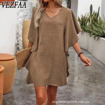Women's Fashion Summer Spring Solid Color Print 1/2 Sleeves V-Neck Loose Waistlinet Casual Dresses