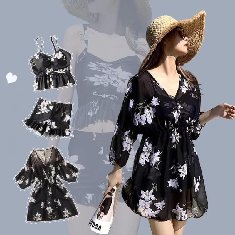 Summer Sexy Swimwear Women 3 Piece Set Vintage Print Elegant Swimsuits Fashion Sweet Hipster Y2k Floral Drape Irregular Bikinis