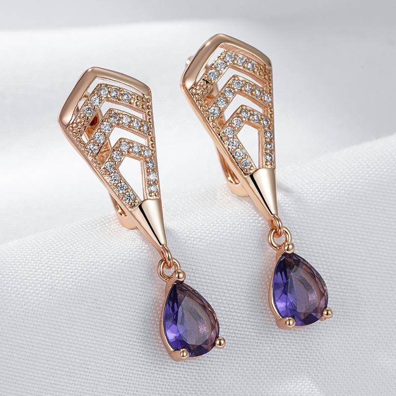 Shiny Purple Natural Zircon Drop Earrings For Women Trend  Rose Gold Color Bride Wedding Fine Jewelry Crystal Gift