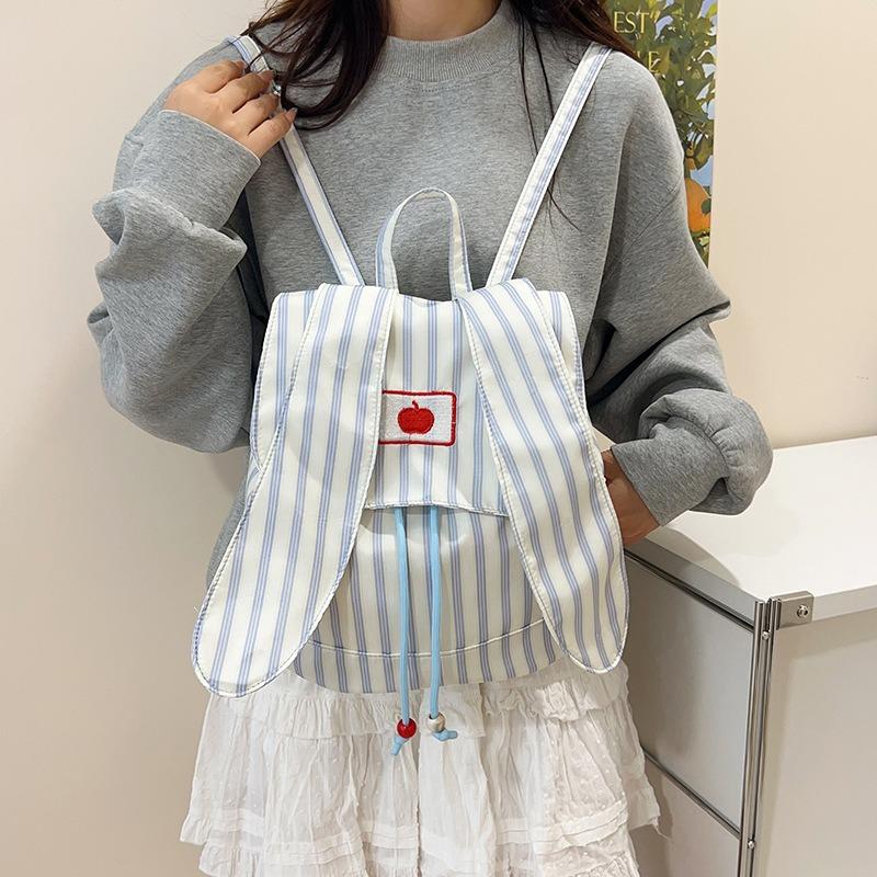 Rabbit Ears Striped Backpack Pink Backpack Stars Embroidered Bag Large Capacity Commuter Student Class School Bag Canvas