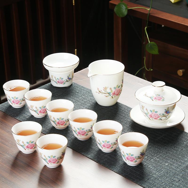 Company event business gifts, printed mutton fat jade porcelain Kung Fu tea set set, home gift gift