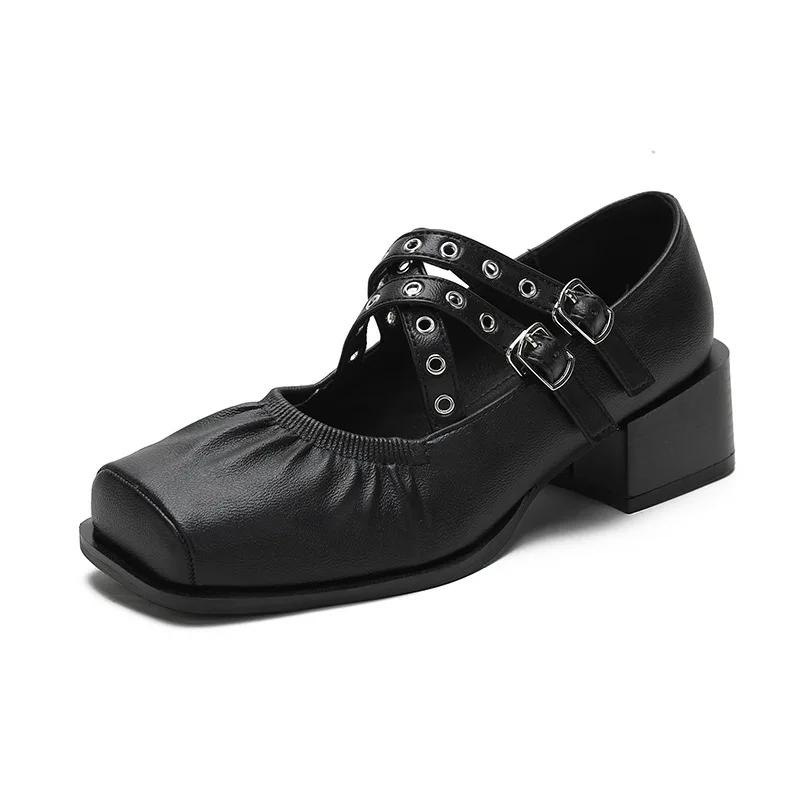 Fashion Fashion Square Toe Rivet Cross Strap Mary Janes Women Pumps Spring Autumn Leather 4.5cm Thick Heeled Punk Loafers Girls Shoes