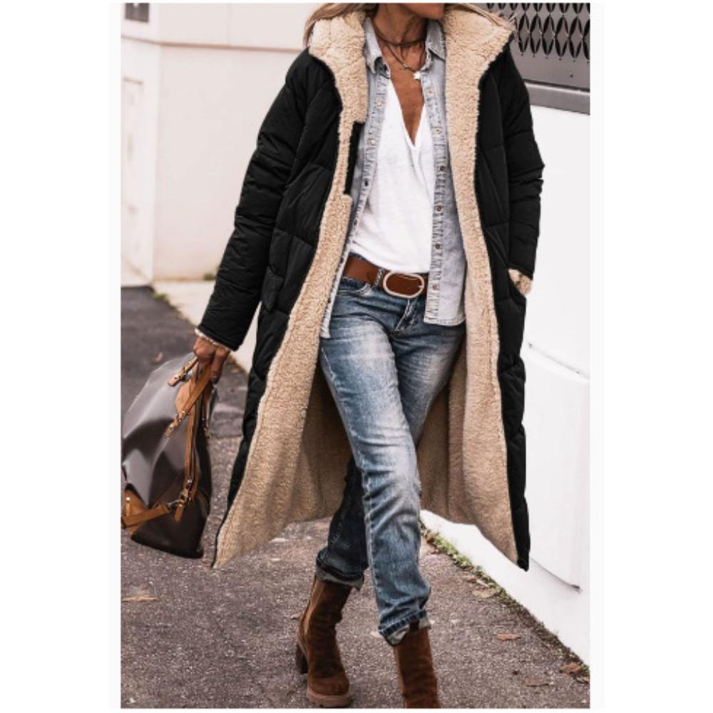 Solid Color Double-Sided Wear Hooded Cotton Coat, Thickened Slim Fit Long Sleeve Long Open Front Jacket