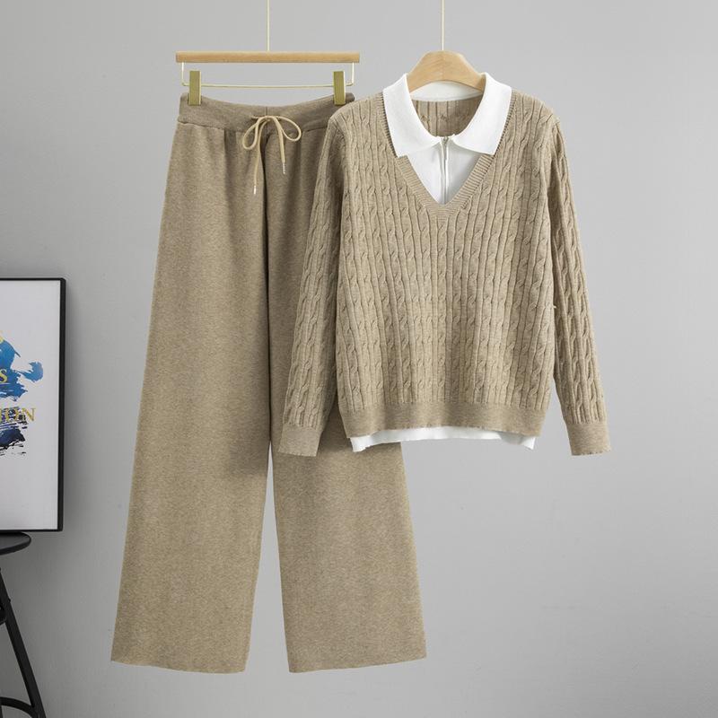 

Thickened Twist Sweater Set, Women s Autumn and Winter Polo Collar Fake Two-piece Knitted Sweater with Wide-leg Pants Two-piece Set one size хакі