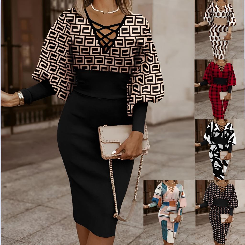 2025 Autumn Winter New Women's V-Neck Bodycon Dress, Wrap Waist Long Sleeve Bodycon Midi Dress, Slim Fit Bandage Party Evening Dress